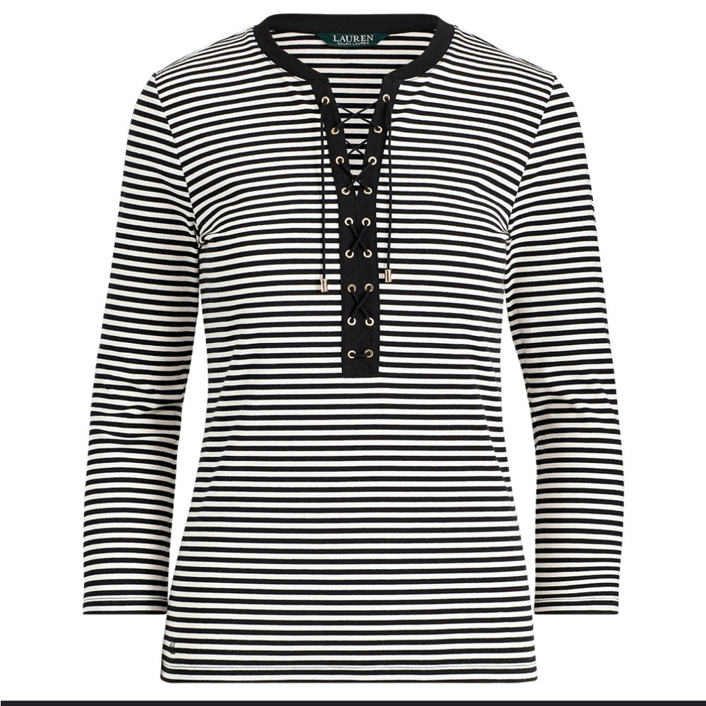 Lauren Ralph Lauren Size S Lace-Up Striped Cotton Top Tee NEW!